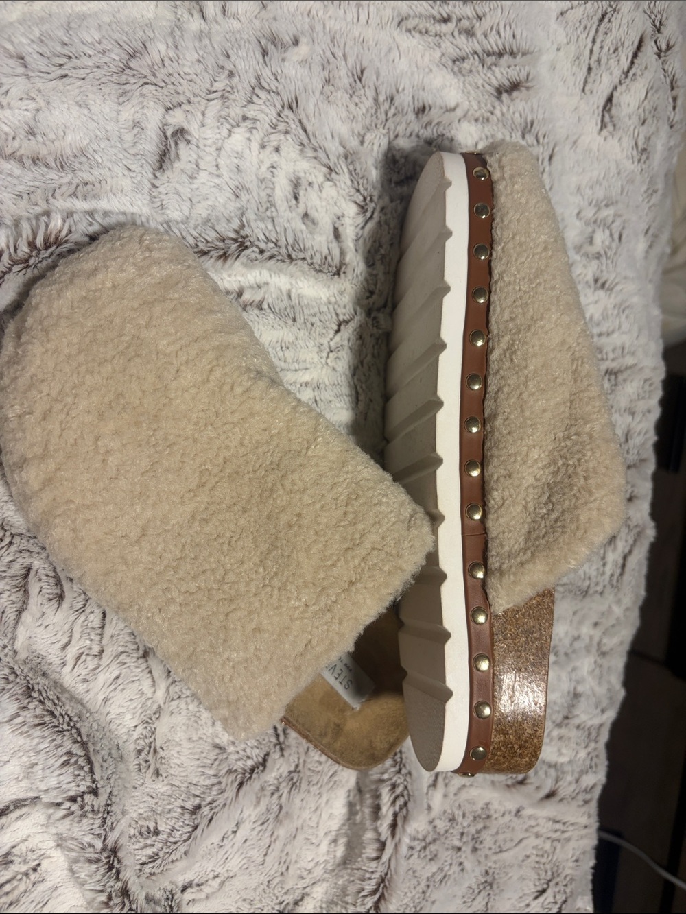 Steve Madden Beige Shearling Studded Platform Mules